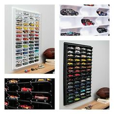 several different pictures of toy cars on display in a room with white walls and shelves