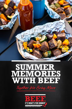 an advertisement for the summer memories with beef dinner is displayed on a table in front of other food items