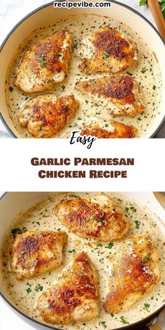 two pictures of chicken in garlic parmesan sauce