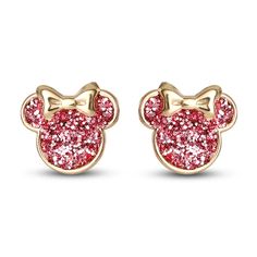 These sparkling stud earrings feature Minnie's silhouette crafted in brilliant 14K yellow gold with a glamorous pink glitter design. The earrings secure with friction backs. Sparkling Gold Earrings For Valentine's Day, Pink Glitter Earrings For Valentine's Day, Valentine's Day Pink Glitter Earrings, Gold Glitter Round Earrings, Cute Tongue Piercing, Glitter Stud Earrings, String Earrings, Disney Earrings, Minnie Mouse Pink