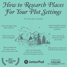 a blue poster with the words how to research places for your plot settings on it