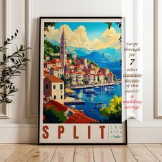 a framed poster with the words splitt in front of it and a potted plant next to it