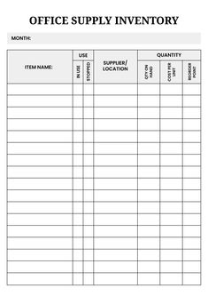 Office supply inventory – B&W Inventory List Free Printable, Supply Inventory Printable, Esthetician Room Supplies, Office Paperwork, Office Supplies Checklist, Quotation Sample, Computer Organization, Small Business Printables, Office Supplies List