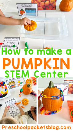 Are you excited to start setting up your own Pumpkin Discovery centers? Don't worry, all of these pumpkin printables that you see are all in one place! And the best part is that this pack also includes crafts, sensory bins and so many more pumpkin activities to keep your preschool learners busy all fall long! Pumpkin Week Activities, Fall Science Centers Kindergarten, October Science Center Preschool, Pumpkin Family Project Preschool, Pumpkin Discovery Center, Childcare Halloween Activities, Oct Preschool Themes, Pumpkin Science Center Preschool, Halloween Science Center Preschool