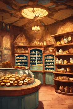 a painting of a bakery filled with lots of doughnuts and pastries on display