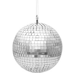 a disco ball ornament hanging from a string on a white background with clippings