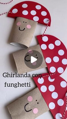 paper bag puppets made to look like mushrooms with red and white polka dots on them