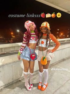 two women dressed in costumes standing next to each other on a bridge with the caption costume linkless