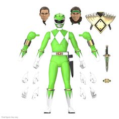 an image of a man in green costume with two swords and other items around him