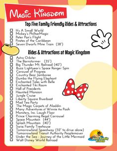 a mickey mouse and minnie mouse checklist with the words, top five family friendly rides & attractions