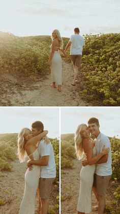 a man and woman standing on top of a sandy beach next to each other holding hands