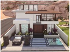 an artist's rendering of a modern house with pool and car parked in front