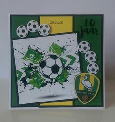 a card with soccer balls on it and the word profait written in green