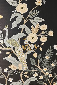 the wallpaper is decorated with flowers and birds in grey, beige, yellow and white colors