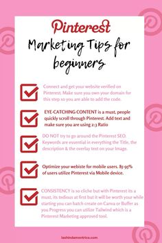 a pink poster with the words pinterest marketing tips for beginners on it