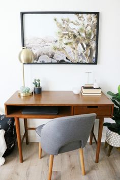 a desk with a chair, potted plants and a framed photograph on the wall