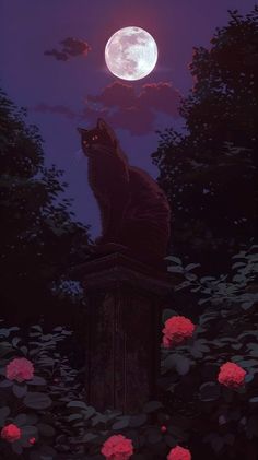 a cat sitting on top of a post in the middle of flowers under a full moon