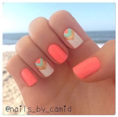 Mint Green And Coral Nails, Gel Manicure Ideas For Short Nails Summer, Summertime Nail Ideas, Chevron Nail Designs, Coral Nail, Neon Summer, Nails Colorful, Nails 2017