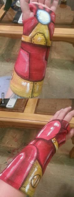 two images of the same hand with different designs on it, one has a red and yellow iron man glove