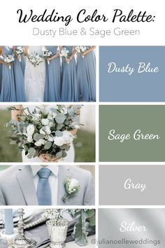 wedding color palettes dusty blue and sage green with text overlaying the image