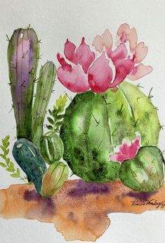 watercolor painting of cactus and flowers on white paper