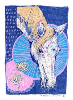 a drawing of a horse with glasses on it's head and flowers in the background