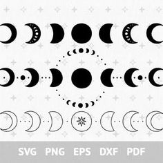 the phases of the moon are shown in black and white, with stars around them