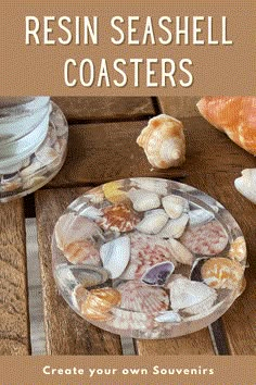 the cover of resinin seashell coasters is shown on a wooden table with sea shells