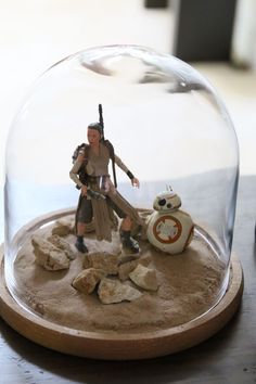 a star wars action figure under a glass dome on a wooden table with rocks and pebbles