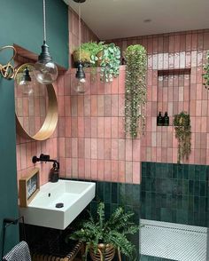 a bathroom with green and pink tiles on the walls, potted plants hanging from the ceiling