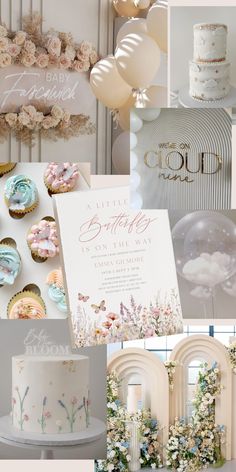 a collage of wedding and bridal items including cake, balloons, flowers, and decorations