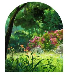 an image of a painting of flowers in the grass with trees and rocks behind it