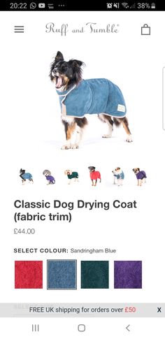 a small dog wearing a blue coat on top of a white background with the text classic dog drying coat fabric trim select color