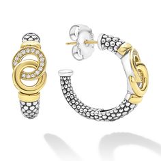 18K gold, diamonds, and sterling silver Caviar beading form these signature interlocking hoop earrings. LAGOS diamonds are the highest quality natural stone. Louis Moinet, Crystal Figurines, Diamond Hoop Earrings, Holiday Collection, Shop Earrings, Natural Stone, Natural Stones, Two Tone, Beading