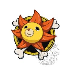 an orange and yellow sun with bones on it's face, in front of a white background