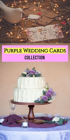 the purple wedding cards collection is displayed on a table with an elegant cake and flowers