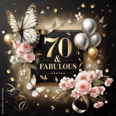 an elegant 70th birthday card with balloons and flowers in gold, silver and pink colors