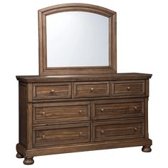 a dresser with a mirror on top of it and wooden drawers underneath the drawer,