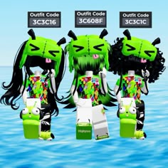 three green monster dolls are standing in the water with their heads turned to look like they're from legos