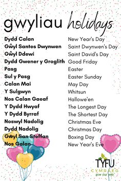 the gwyllau holidays list is shown with balloons and confetti on it