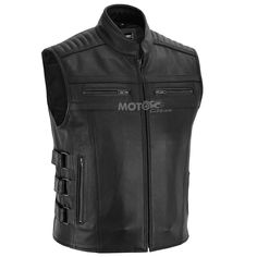 This leather vest is perfect for any motorcycle enthusiast.  The vest is made from high-quality cow leather and features a zip and button closure, making it perfect for travel.  With multiple pockets, this vest is perfect for carrying all your essentials.  The lightweight design and all-season features make it perfect for summer, fall, and spring.  This vest is handmade and features a solid black color with a band collar style.  The mid-length jacket/coat length and regular fit make it perfect f Leather Biker Jacket With Pockets For Motorcycling, Leather Biker Jacket With Pockets, Leather Biker Jacket With Ykk Zipper, Leather Biker Jacket With Pockets For Events, Moto Vest For Biker Events, Sleeveless Leather Jacket For Biker Events, Biker Style Vest Outerwear For Biker Events, Biker Style Vest For Biker Events, Black Biker Vest With Zipper Closure