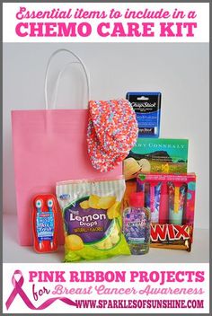 The perfect gift for a cancer fighting friend is a chemo care kit. What should you include in a chemo care kit? Find out at Sparkles of Sunshine! Chemo Care Basket, Chemo Survival Kit, Ribbon Projects