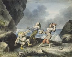 an old painting of people on rocks near the ocean