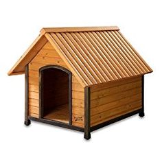 a dog house with a wooden roof