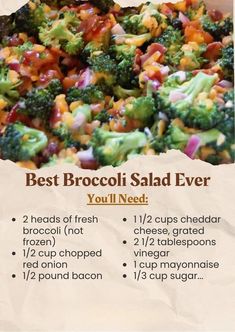 the broccoli salad is ready to be eaten with instructions on how to make it