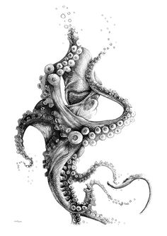 an octopus is swimming in the water with bubbles on it's head and tentacles