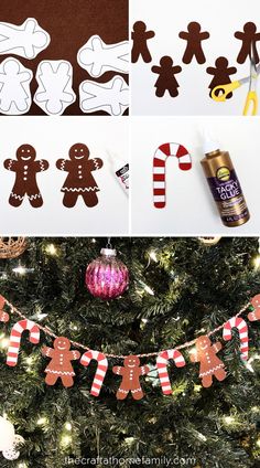 gingerbread cutouts are hanging on the christmas tree and decorated with candy canes