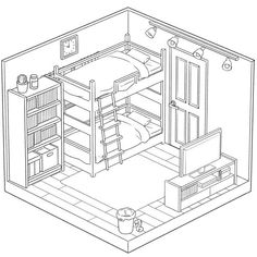 a black and white line drawing of a bunk bed in a room with two ladders