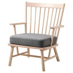 a wooden chair with a gray cushion on the back and armrests, against a white background