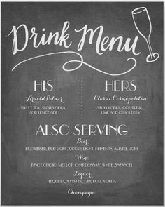 a chalkboard menu with drinks and wine glasses on the top, in white ink